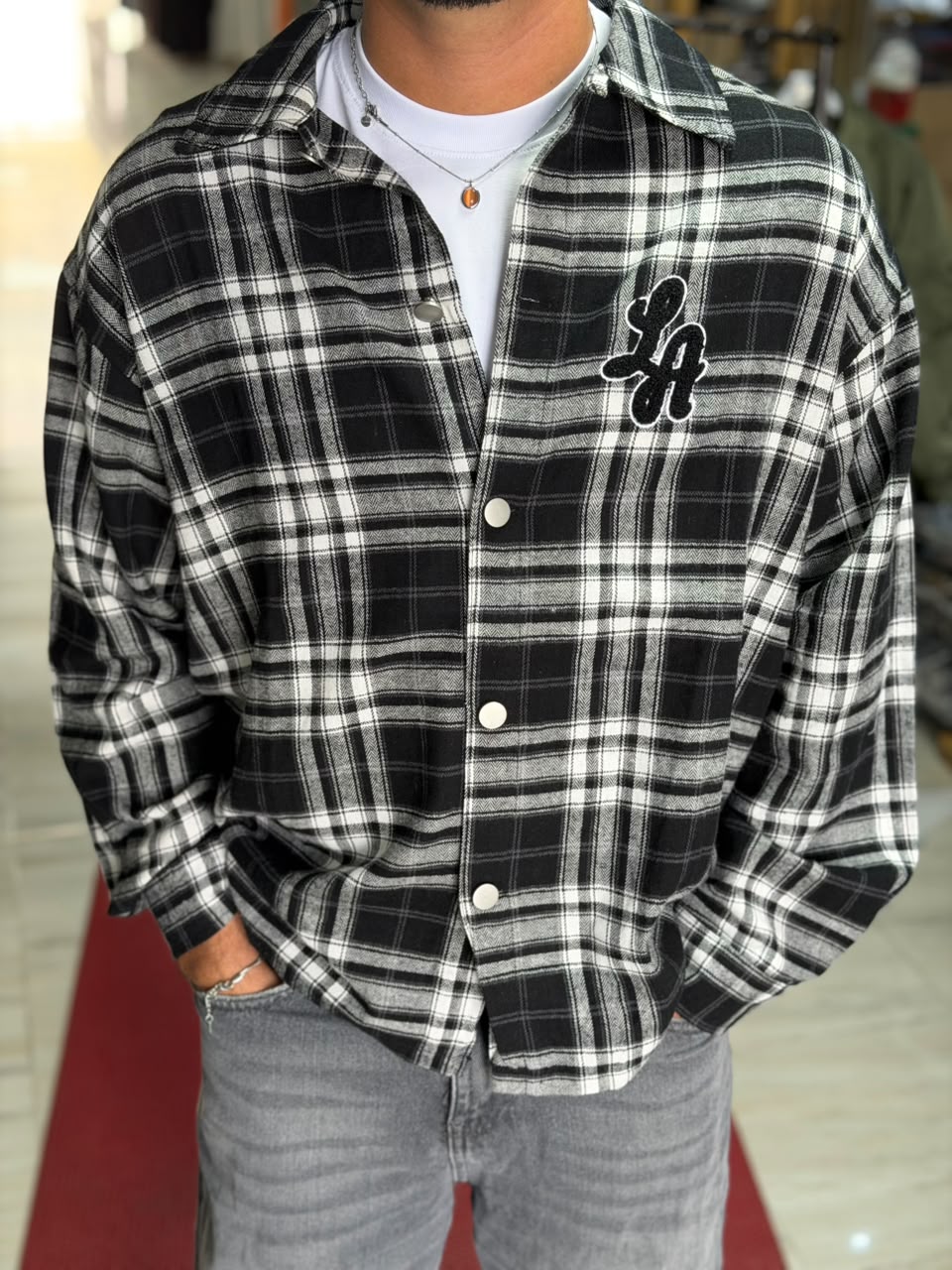 Monochrome Plaid Snap Overshirt